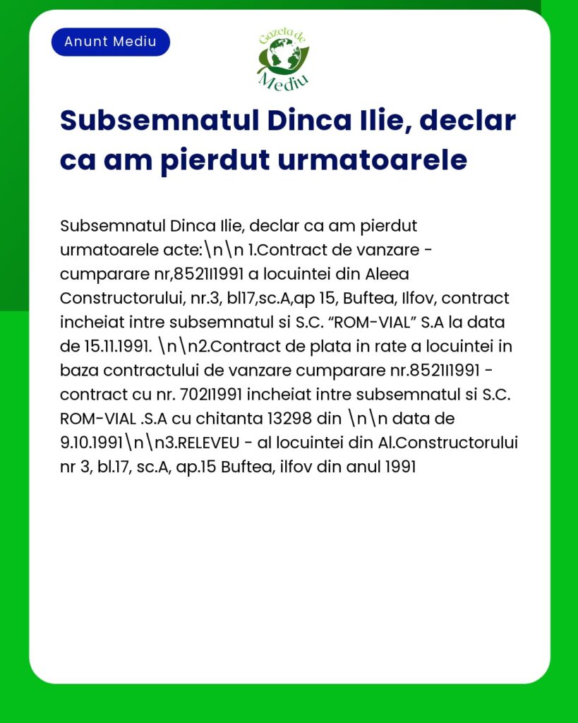 Pierdere acte: Contract vanzarecumparare plata rate si releveu locuin