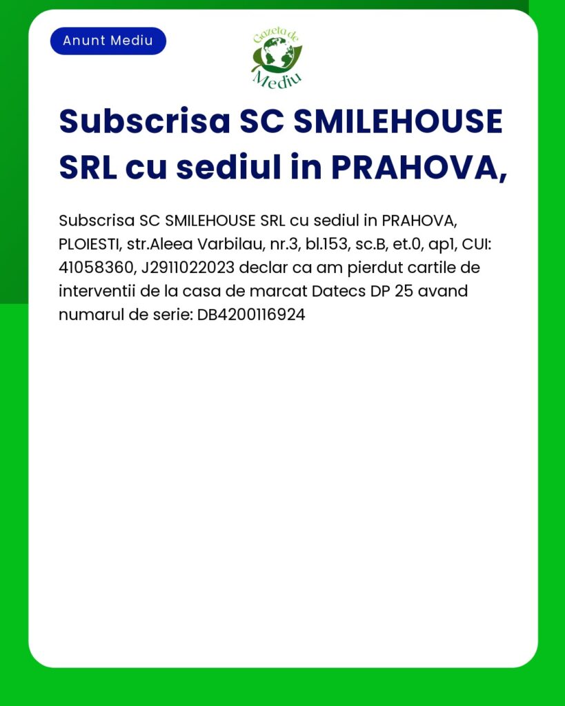 Pierdere carti interventii casa de marcat SC Smilehouse SRL Datecs DP2