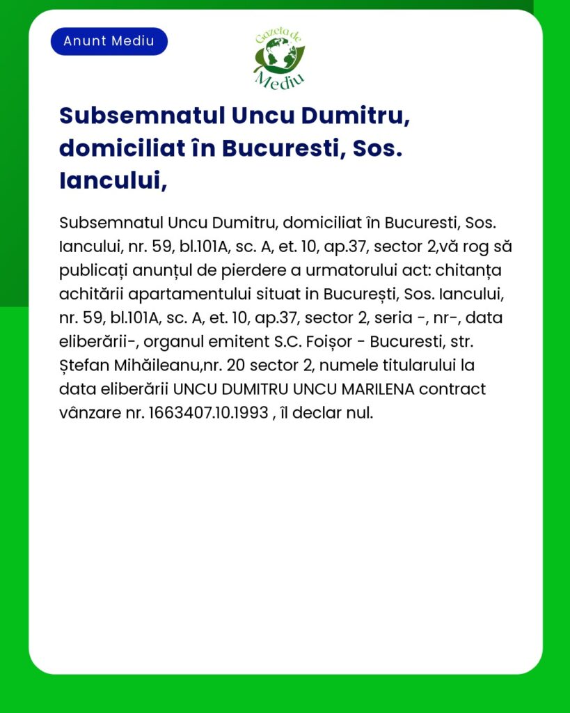 Pierdere chitanţă achitare apartament Bucureşti UNCUT Dumitru