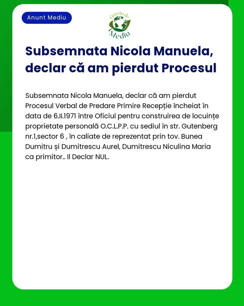 Pierdere Proces Verbal Predare Primire Receptie 1971 OCLPP Declarație