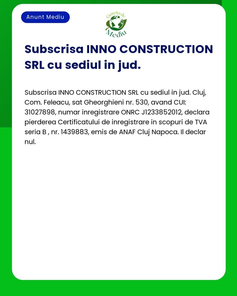 Pierderea Certificatului de inregistrare TVA nr 1439883 emis de ANAF C