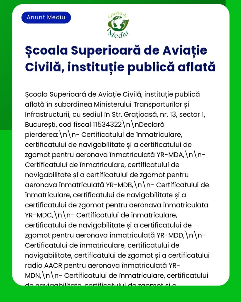 Declarare pierdere certificate aeronave inmatriculate YRMDA pana la YR