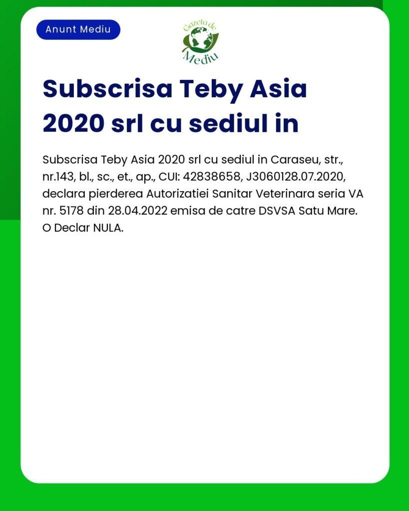 Declaratie de pierdere autorizatie sanitara veterinara seria VA nr 517