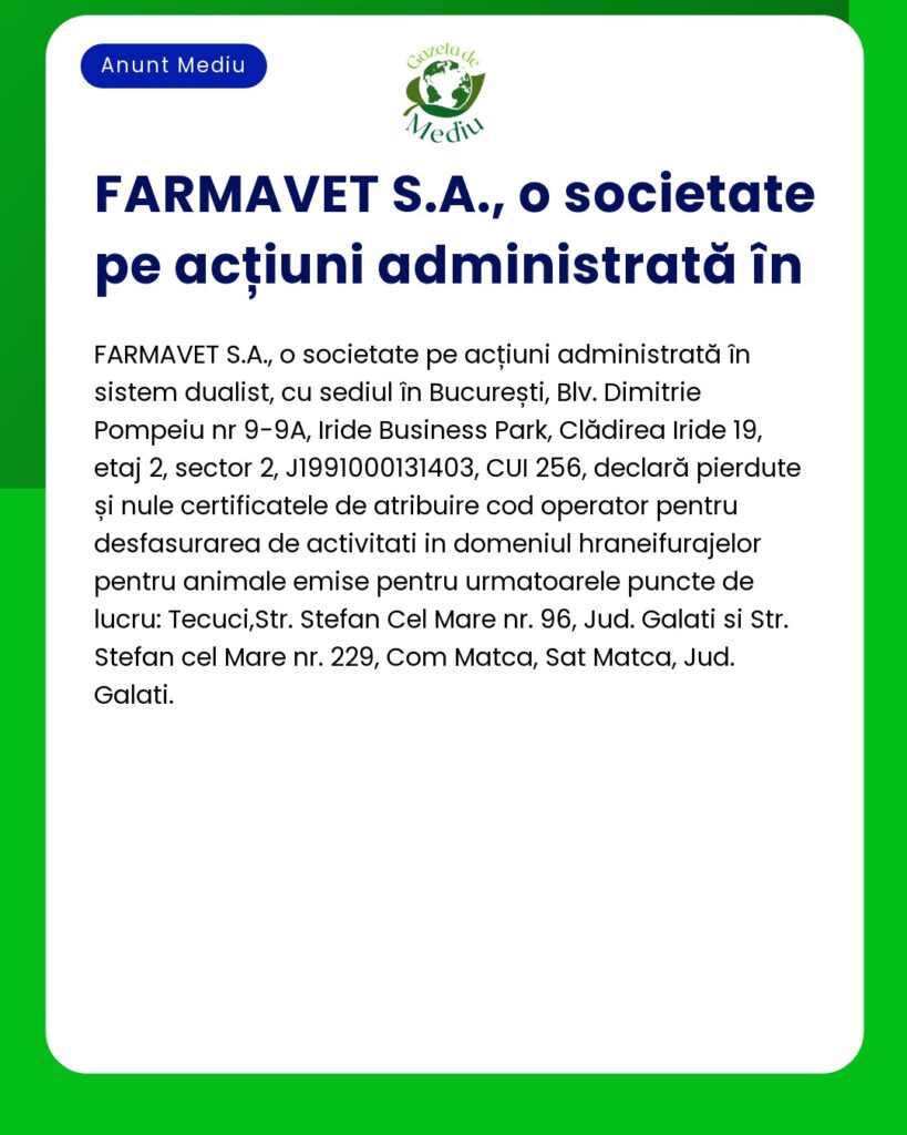 Pierderea certificatelor de atribuire cod operator Farmavet pentru hra
