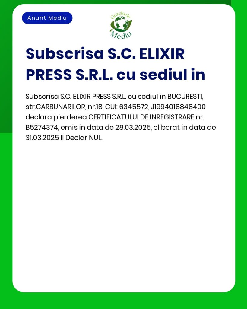 Pierdere certificat de inregistrare SC ELIXIR PRESS SRL nr B5274374