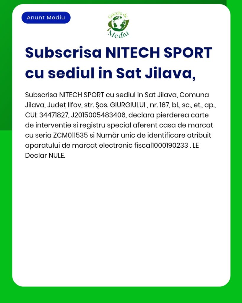 Anunt pierdere carte interventie si registru casa de marcat seria ZCM0