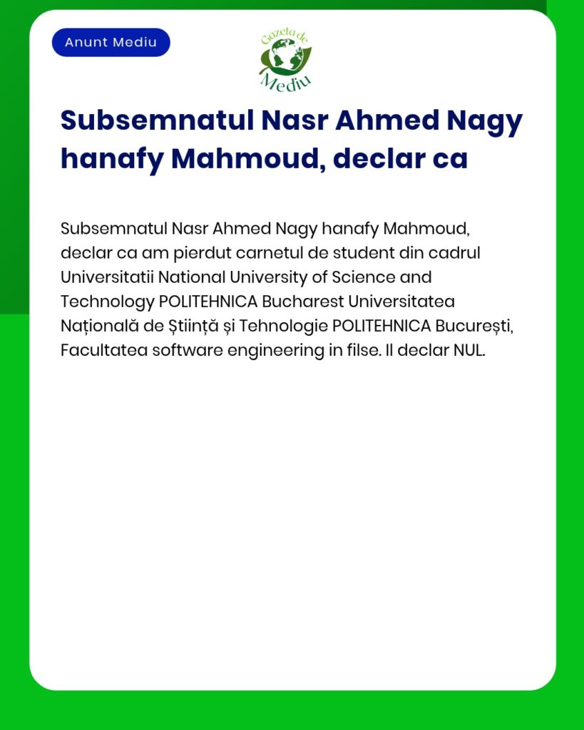 Declaratie pierdere carnet student Universitatea Polithnica Bucuresti
