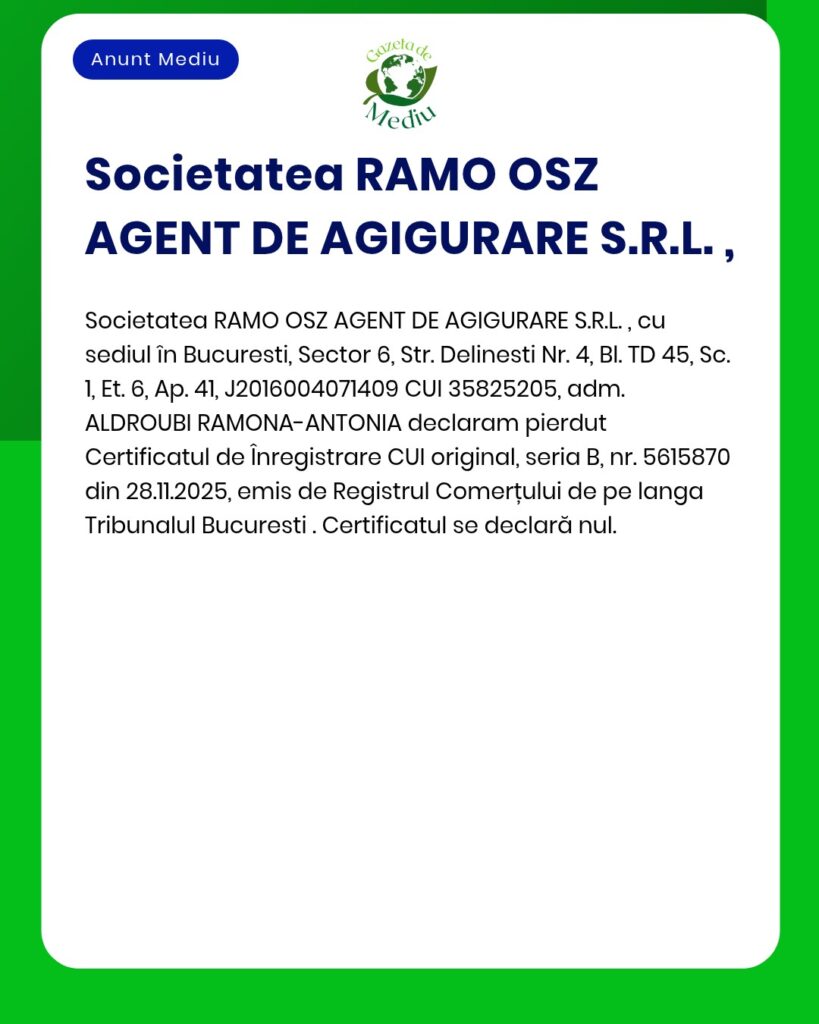Pierdut Certificat Inregistrare CUI original Ramo Osz Agent De Asigura