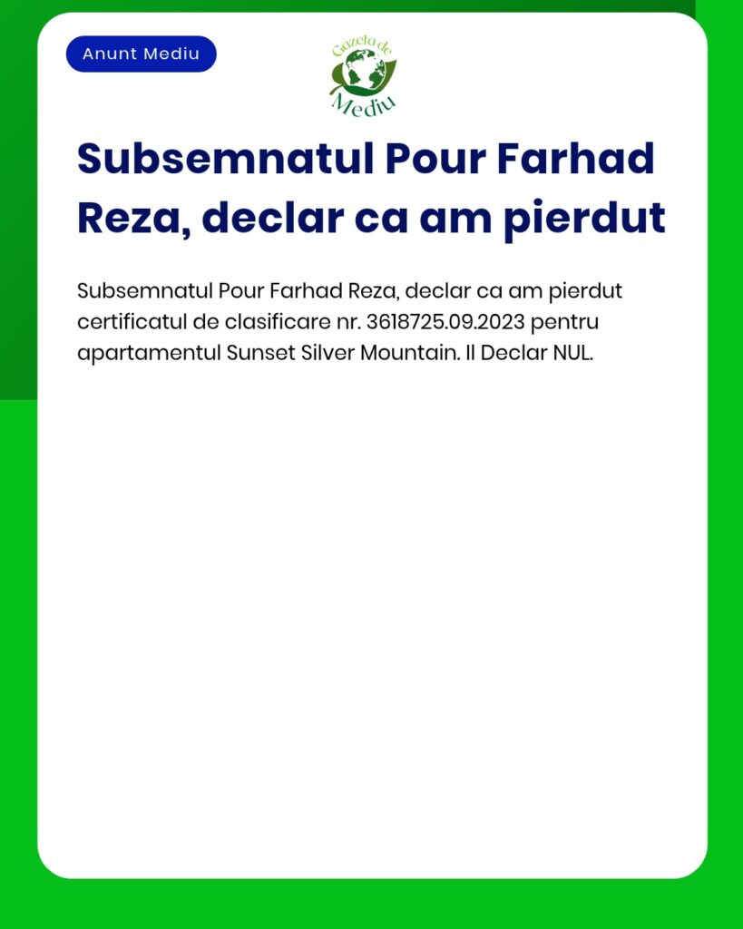 Anunt pierdere certificat clasificare apartament Sunset Silver Mountai