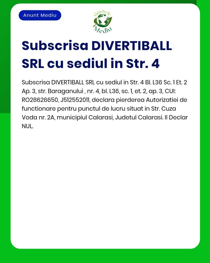 Pierderea autorizatiei de functionare DIVERTIBALL SRL punct de lucru C
