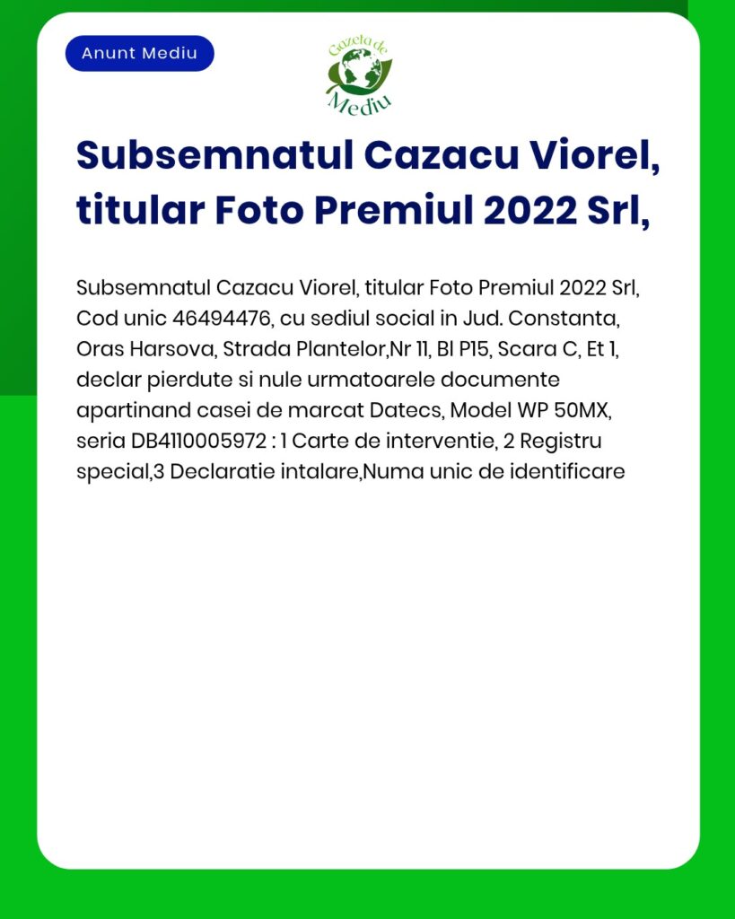 Pierderea documentelor casei de marcat Datecs Model WP 50MX seria DB41